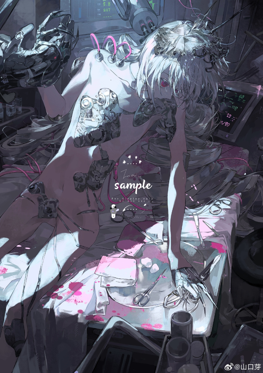 1girl absurdres android arm_support blood cable highres holding indoors joints long_hair mechanical_arms mechanical_hands navel needle nude operating_table original pink_blood red_eyes robot_joints sample_watermark scissors screwdriver shankouya sitting solid_circle_eyes solo table tears very_long_hair watermark weibo_username weibo_watermark white_hair