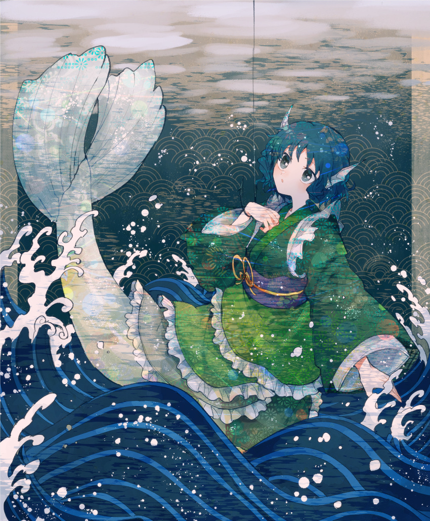 1girl bangs blue_eyes blue_hair commentary_request fishing_hook fishing_line frilled_kimono frills full_body green_kimono head_fins highres itomugi-kun japanese_clothes kimono kneeless_mermaid long_sleeves mermaid monster_girl open_mouth patterned_background seigaiha short_hair solo touhou wakasagihime waves