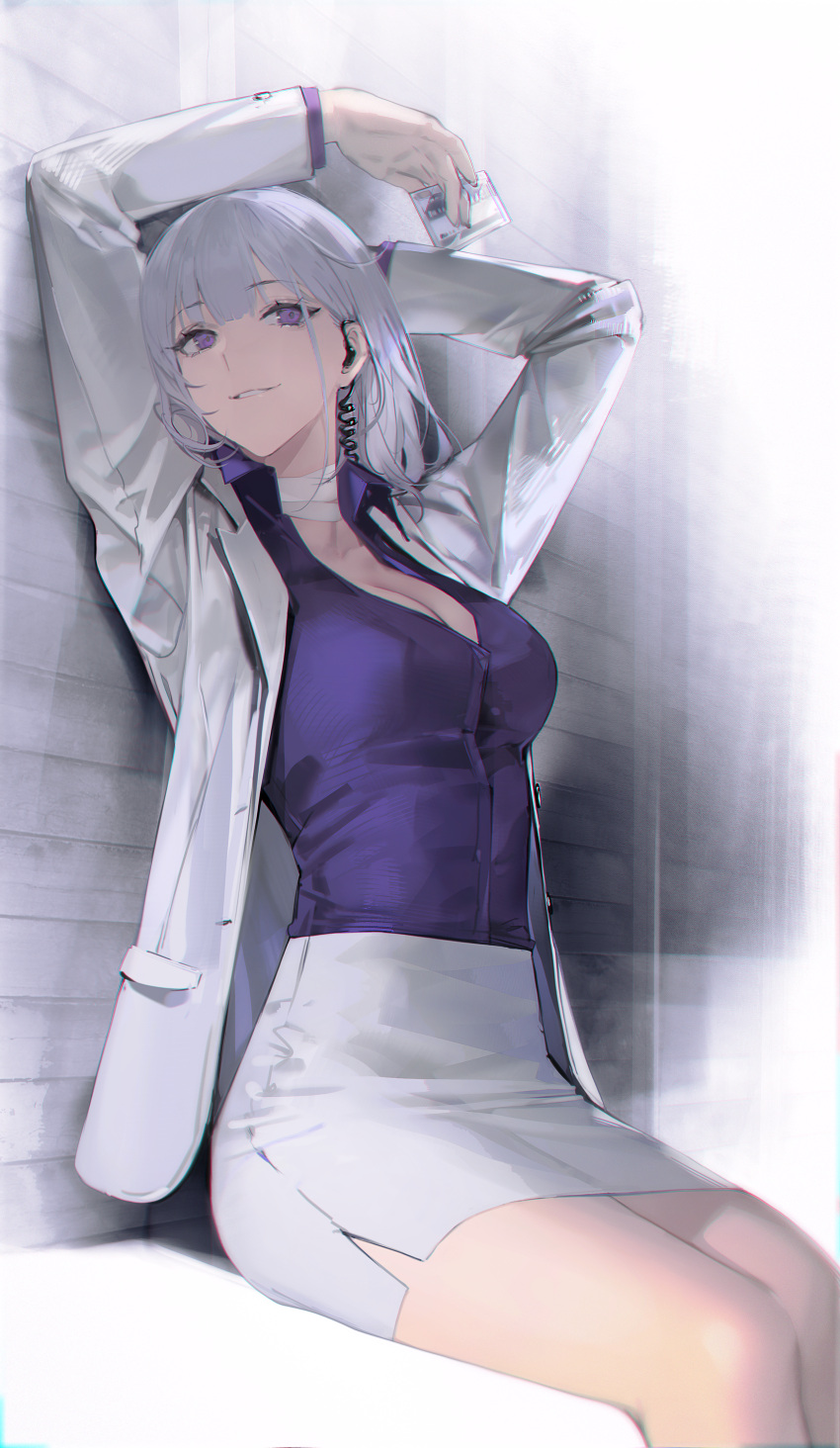 1girl absurdres against_wall arms_up bandaged_neck bangs blunt_bangs breasts card cleavage collared_shirt commentary_request earpiece eyebrows_visible_through_hair feet_out_of_frame girls_frontline grey_jacket grey_skirt highres holding holding_card huge_filesize jacket large_breasts long_hair long_sleeves looking_at_viewer open_clothes open_jacket parted_lips pencil_skirt purple_eyes purple_shirt quuni rpk-16_(girls_frontline) shirt side_slit silver_hair sitting skirt smile solo unbuttoned