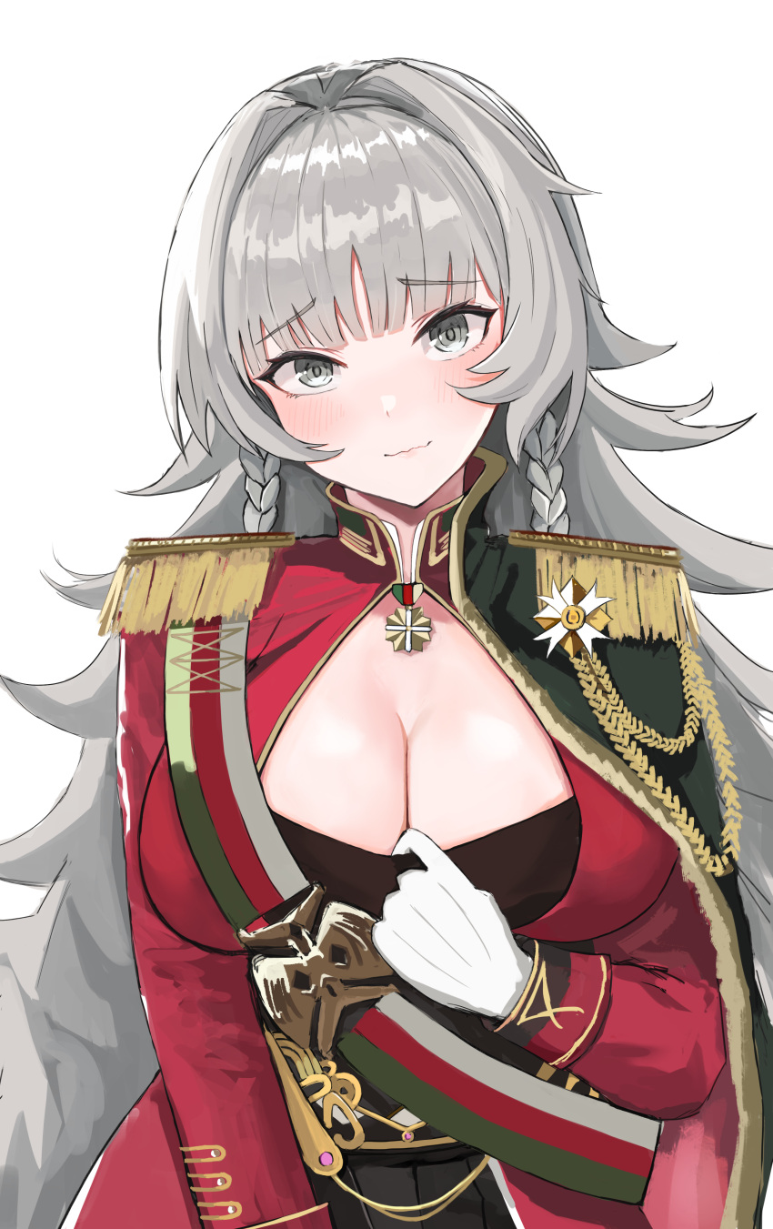 1girl absurdres aiguillette azur_lane bangs bilei black_dress blunt_bangs blush braid breasts cape chinese_commentary cleavage closed_mouth clothes_pull commentary dress dress_pull epaulettes eyebrows_visible_through_hair gloves green_cape grey_eyes grey_hair hair_intakes head_tilt highres jacket large_breasts long_hair long_sleeves looking_at_viewer red_jacket side_braids sidelocks simple_background smile solo standing upper_body very_long_hair vittorio_veneto_(azur_lane) wavy_mouth white_background white_gloves