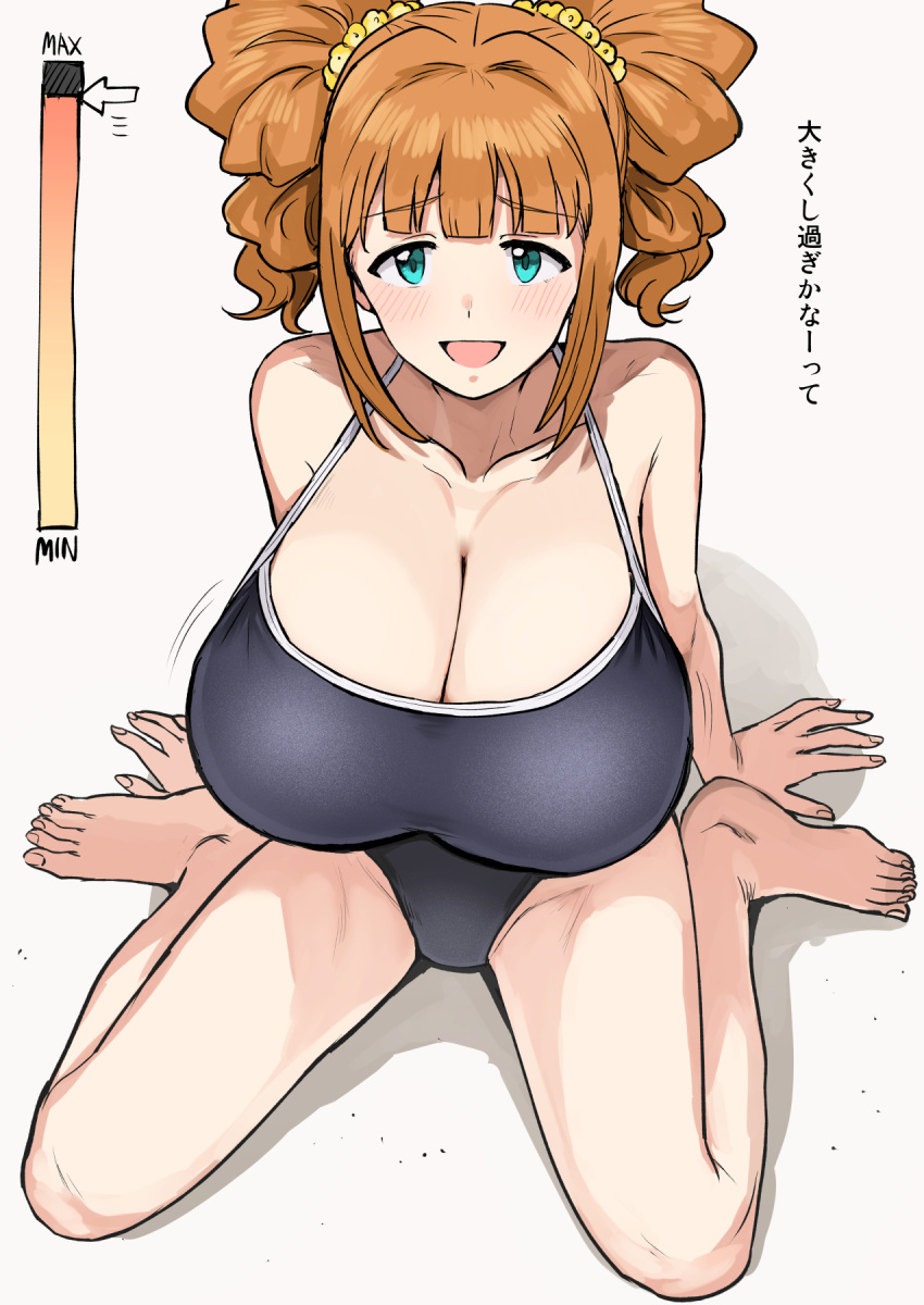 :d alternate_breast_size aqua_eyes bangs bare_legs bare_shoulders barefoot blue_swimsuit blunt_bangs blush breasts cleavage commentary_request eyebrows_visible_through_hair from_above highres huge_breasts idolmaster idolmaster_(classic) looking_at_viewer one-piece_swimsuit open_mouth orange_hair scrunchie shadow short_hair short_twintails sidelocks sitting smile swimsuit takatsuki_yayoi translation_request tsurui twintails wariza white_background