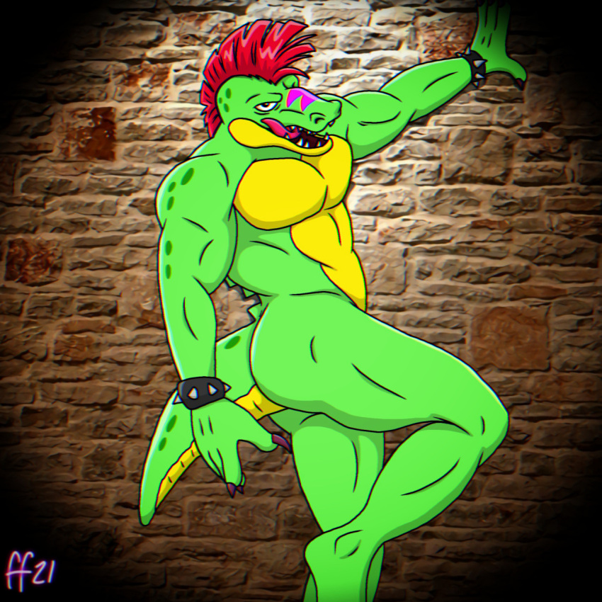2021 abs alligator alligatorid anthro biceps bracelet brick_wall claws crocodilian fabfelipe five_nights_at_freddy's five_nights_at_freddy's:_security_breach hair hand_on_wall hi_res jewelry licking licking_lips looking_at_viewer male markings mohawk montgomery_gator_(fnaf) multicolored_body multicolored_scales muscular muscular_male photo_background raised_leg red_hair reptile scales scalie signature solo standing stripes teeth tongue tongue_out two_tone_body two_tone_scales video_games wall_(structure)