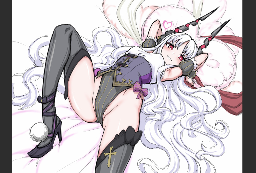 1girl armpits bow caren_hortensia caren_hortensia_(amor_caren) fate/grand_order fate_(series) high_heels highleg highleg_leotard highres horns leotard long_hair looking_at_viewer lying on_back pink_bow puffy_short_sleeves puffy_sleeves red_eyes senbei_(avocadochaya) short_sleeves smile solo thighhighs wavy_hair white_hair wrist_cuffs