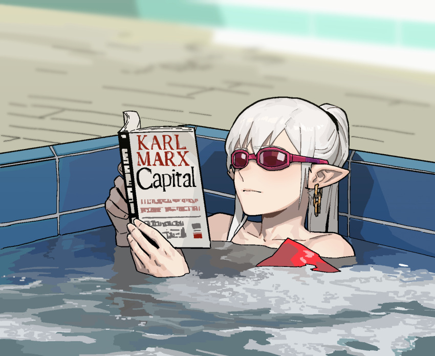 1girl bangs bare_shoulders blurry blurry_background book chain_earrings earrings gogalking goggles hands_up highres jewelry karl_marx long_hair open_book original partially_submerged pointy_ears ponytail reading solo vampire_(gogalking) water white_hair