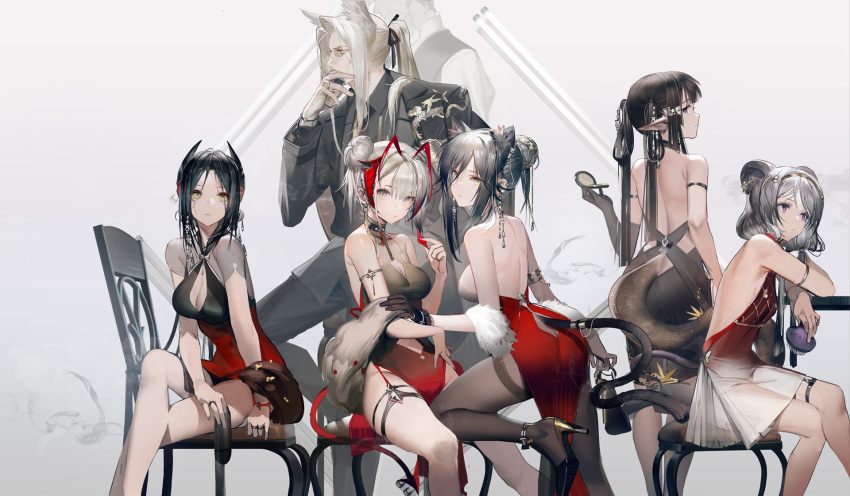 animal_ears arknights black_hair breasts brown_eyes catgirl cleavage dress eunectes_(arknights) gray_eyes gray_hair group hellagur_(arknights) horns ines_(arknights) liduke lin_yuhsia_(arknights) long_hair male pointed_ears purple_eyes schwarz_(arknights) short_hair tail third-party_edit w_(arknights)