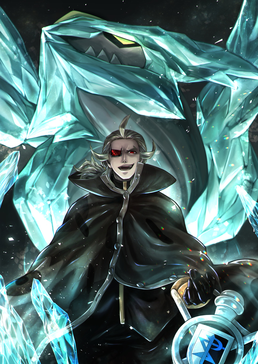 1boy absurdres ahoge black_coat black_gloves black_jacket buttons cane coat commentary_request eyepiece from_below gen_5_pokemon ghetsis_harmonia gloves green_hair highres huge_filesize ice_shard jacket kyurem legendary_pokemon long_hair looking_at_viewer male_focus max_michiko_fever open_mouth pokemon pokemon_(creature) pokemon_(game) pokemon_bw2 popped_collar red_eyes teeth