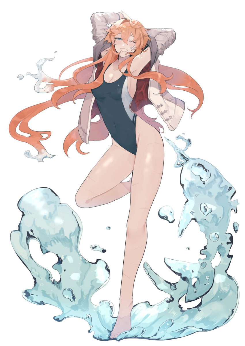 1girl armpits arms_behind_head arms_up bangs blue_eyes blush breasts cleavage commentary_request full_body genderswap genderswap_(mtf) genshin_impact highres jacket jacket_over_swimsuit jacket_removed large_breasts leg_up liquid_hair long_hair looking_at_viewer one-piece_swimsuit open_mouth orange_hair smile solo swimsuit tabibitowayo tartaglia_(genshin_impact) water white_background