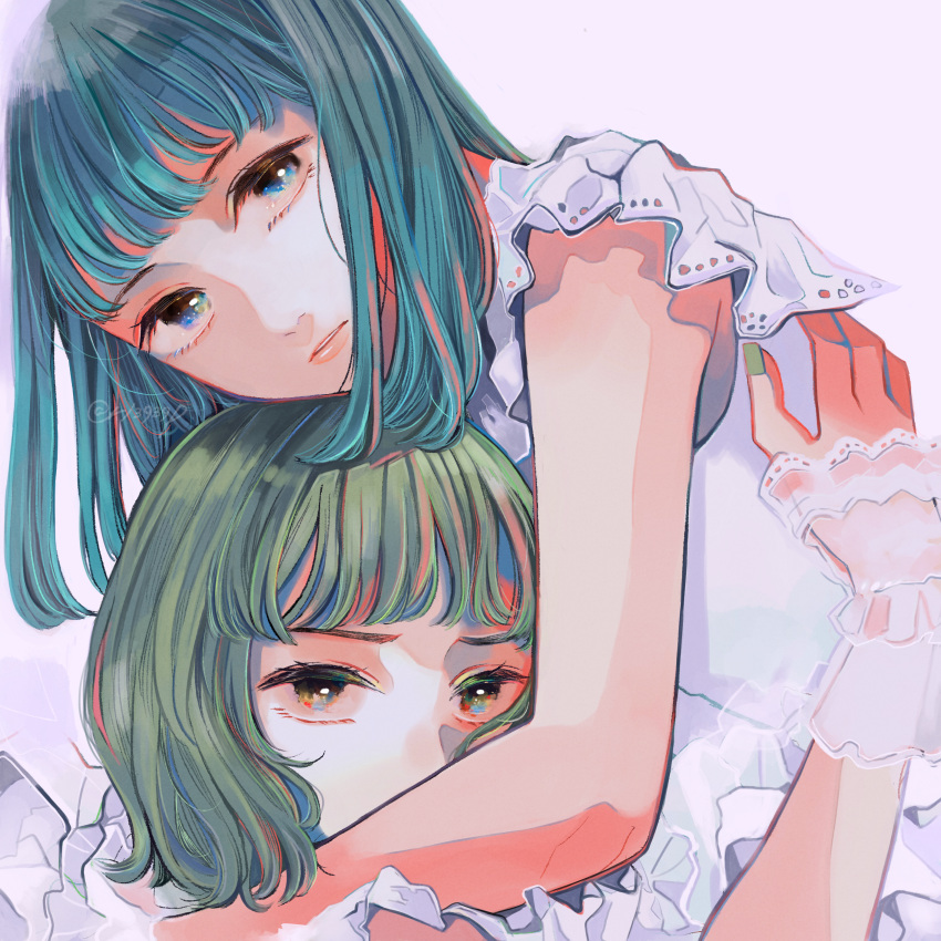 2girls absurdres aqua_hair artist_name bangs blue_eyes green_hair green_nails highres hug leaning_forward long_hair looking_at_viewer medium_hair multiple_girls original richard_(ri39p) shirt simple_background upper_body white_background white_shirt