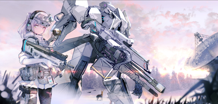 1girl bullpup elbow_gloves foregrip fur_trim gloves gun handgun highres holding holding_gun holding_weapon holstered_weapon jacket looking_down looking_to_the_side mecha original p90 pistol satellite_dish science_fiction silver_eyes skirt submachine_gun szk_(sonzaikannai) weapon white_gloves white_hair white_jacket white_skirt winter