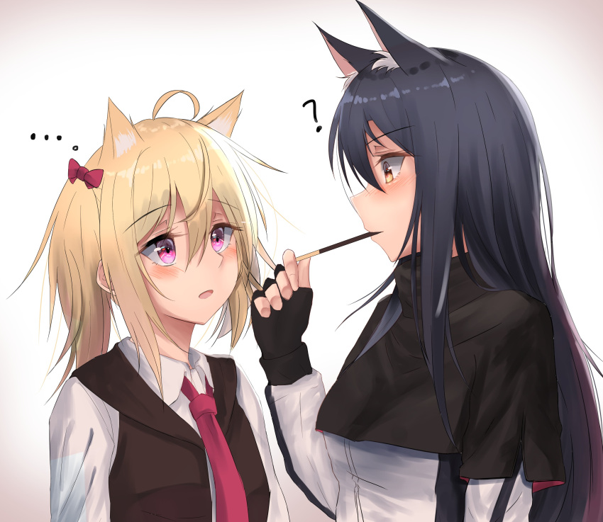 2girls absurdres ahoge animal_ears arknights black_gloves black_hair blonde_hair blush bow brown_eyes fingerless_gloves food gloves hair_between_eyes hair_bow hane_(8ne_k) highres long_hair long_sleeves looking_at_another multiple_girls pink_eyes pocky pocky_kiss red_bow red_neckwear sora_(arknights) texas_(arknights) twintails upper_body wolf_ears