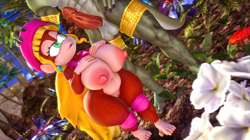 16:9 3d_(artwork) 4k absurd_res anthro balls big_breasts blonde_hair brandi breasts brown_body brown_fur clothing digital_media_(artwork) dixie_kong donkey_kong_(series) duo female flower fungus fur genitals hair haplorhine hat headgear headwear hi_res huge_breasts humanoid jungle knee_pads kong long_hair male male/female mammal monkey mushroom nintendo nipples nude penis plant primate pulled_up_shirt pussy scalie short_stack size_difference source_filmmaker thick_thighs topwear tree video_games widescreen