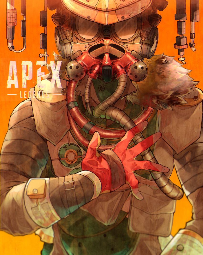 1other absurdres apex_legends bloodhound_(apex_legends) broken_finger coat copyright_name facing_viewer fur_trim gas_mask gloves goggles hand_up hat highres karupisusawa mask mouth_mask orange_background pouch red_gloves solo upper_body