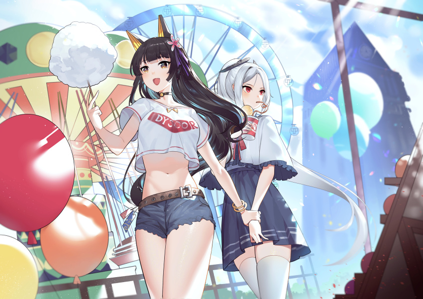 2girls :d absurdres animal_ears balloon bangs belt black_choker black_hair blue_shorts blue_skirt blue_sky blunt_bangs breasts brown_belt brown_eyes capelet carousel character_request choker cloud copyright_request cotton_candy cowboy_shot crop_top crop_top_overhang cup day drinking_straw dysoor ferris_wheel food hand_up highres holding holding_food holding_hands long_hair midriff miniskirt multiple_girls navel open_mouth outdoors pleated_skirt red_eyes shirt short_shorts shorts silver_hair skirt sky small_breasts smile standing stomach t-shirt thighhighs thighs very_long_hair white_capelet white_legwear white_shirt zettai_ryouiki