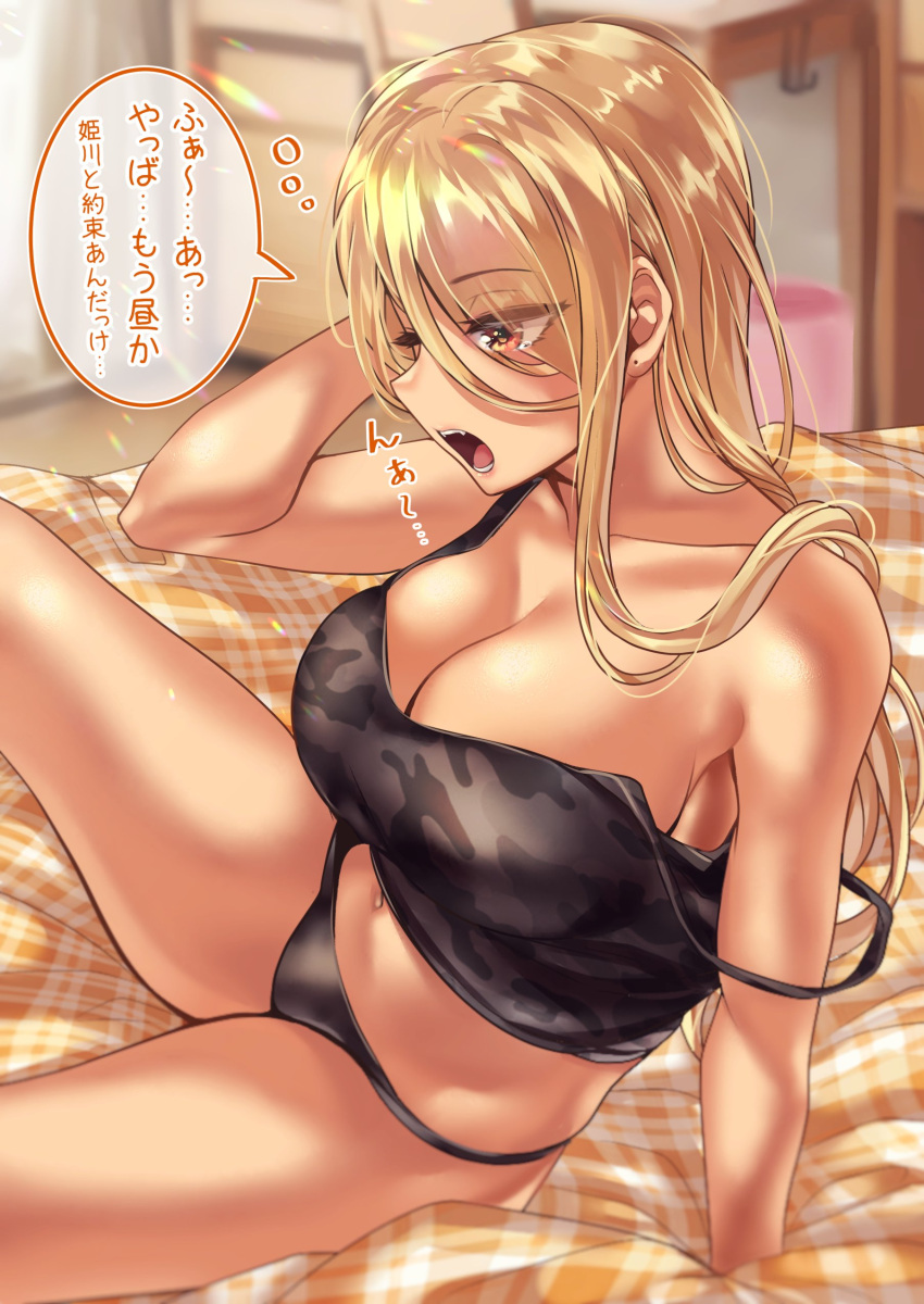 1girl absurdres bed black_panties black_tank_top blonde_hair breasts camouflage_tank_top desk gyaru highres kinjyou_(shashaki) long_hair midriff navel open_mouth original panties shashaki speech_bubble strap_slip tank_top translation_request underwear