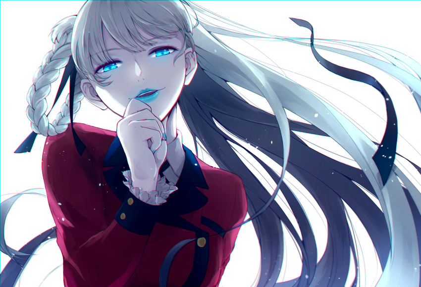 1girl absurdres alternate_hairstyle blazer blonde_hair blue_eyes blue_lips blue_nails c_aracr floating_hair glowing glowing_eyes hair_rings head_tilt highres huge_filesize jacket kakegurui lipstick long_hair looking_at_viewer makeup momobami_kirari nail_polish open_mouth red_jacket school_uniform solo upper_body