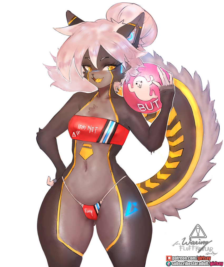 anthro bikini butt_from_the_front clothed clothing domestic_cat felid feline felis female girlsay hair hand_on_hip hi_res mammal pink_hair simple_background skimpy solo swimwear warning_(fluff-kevlar) white_background wide_hips