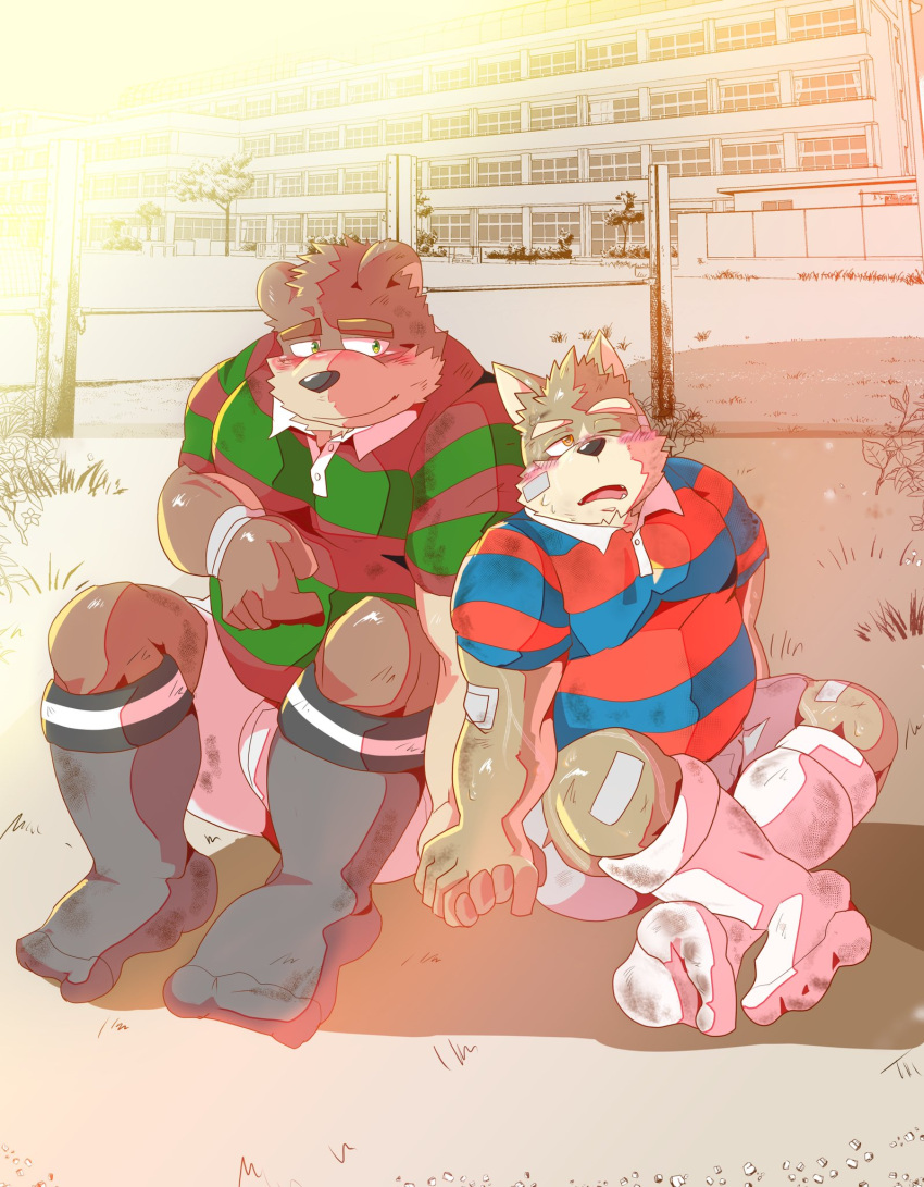 2021 anthro bottomwear canid canine canis clothing domestic_dog duo hand_holding hi_res kemono male male/male mammal outside overweight overweight_male rugby sansan_ocha shirt shorts sitting topwear ursid