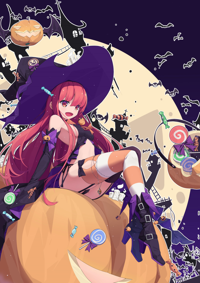 1girl :d absurdres aiee alternate_breast_size bare_shoulders black_footwear black_gloves boots breasts candy chinese_commentary elbow_gloves food from_side gloves halloween hat high_heel_boots high_heels highres legs medium_breasts moon night open_mouth orange_legwear pumpkin red_eyes red_hair shakugan_no_shana shana smile solo striped striped_legwear thighhighs witch_hat