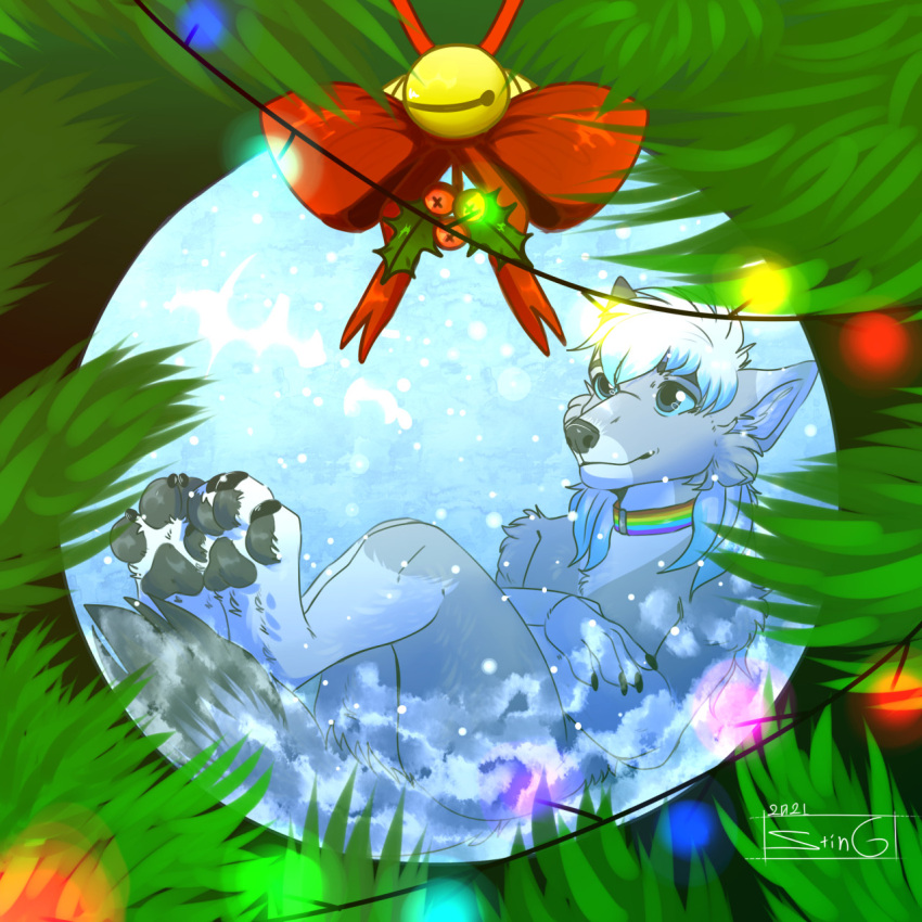 anthro canid canine canis christmas christmas_decorations christmas_lights christmas_tree dante_kinkade happy hi_res holidays lgbt_pride male mammal mistletoe pawpads paws plant pride_colors relaxing smile snow solo sting_12 tree winter wolf