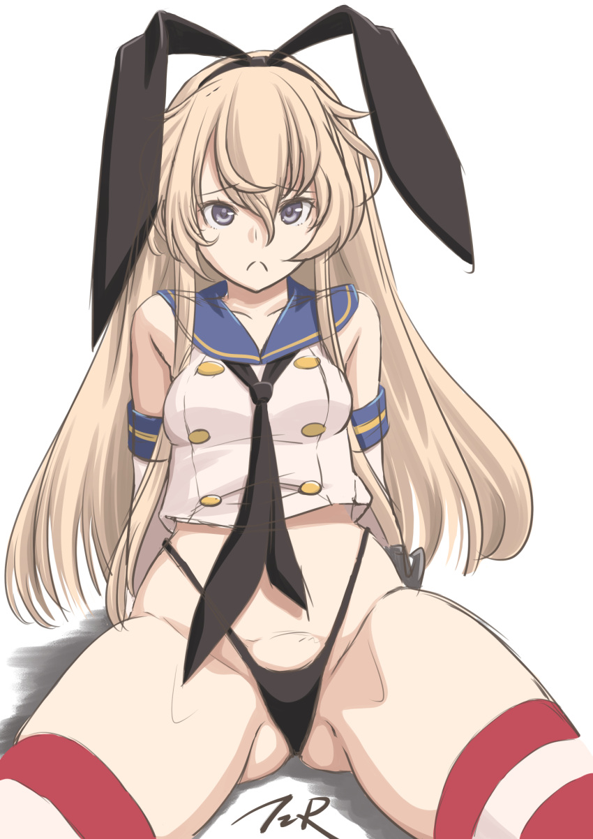 1girl anchor_hair_ornament artist_name black_hairband black_neckwear black_panties blonde_hair blue_sailor_collar commentary_request cowboy_shot crop_top elbow_gloves frown gloves grey_eyes hair_ornament hairband highleg highleg_panties highres kantai_collection long_hair looking_at_viewer miniskirt neckerchief no_panties panties sailor_collar shimakaze_(kancolle) simple_background sitting skirt solo striped striped_legwear t2r thighhighs underwear white_background white_gloves