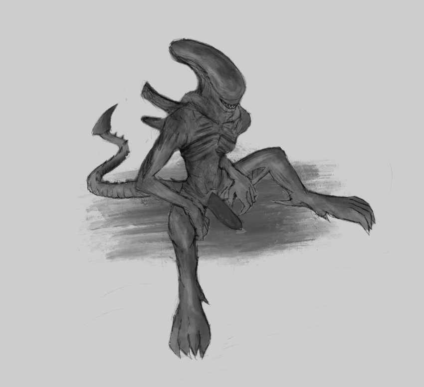 absurd_res alien alien_(franchise) alien_humanoid black_penis bodily_fluids claws ejaculation erection eyeless genital_fluids genitals hands-free hi_res humanoid male penis pokelov precum simple_background sitting smile solo xenomorph