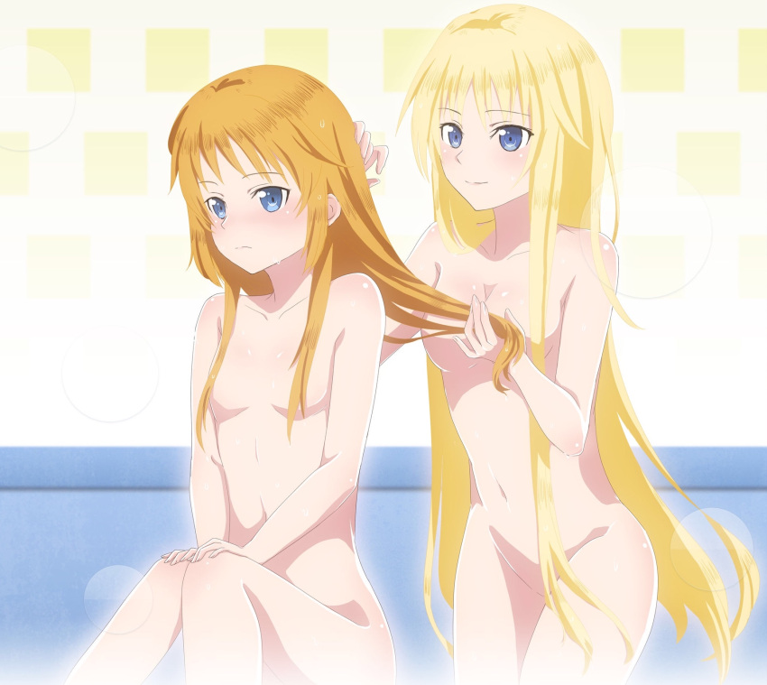 2girls alice_zuberg blonde_hair blue blush breasts brown_hair censored closed_mouth female hair_censor hands_on_own_knees highres long_hair medium_breasts multiple_girls navel nude selka_(sao) selka_zuberg siblings sisters sitting small_breasts smile sword_art_online sword_art_online:_alicization very_long_hair washing_hair wet