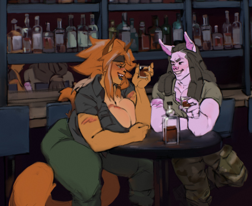 2021 5_fingers alcohol anthro bar beverage biceps big_breasts black_hair black_lips black_nose bottomwear boudica_buffkin breasts camo camo_bottomwear camo_clothing camo_pants camo_print chiropteran cleavage clothed clothing didihell digital_media_(artwork) duo felid feline female fingers fur furniture gino_(hollandworks) grey_hair grin hair hi_res hollandworks humanoid_hands jacket lips male male/female mammal mature_anthro mature_female military_jacket multicolored_hair muscular muscular_anthro muscular_female muscular_male notched_ear open_mouth open_smile orange_body orange_fur orange_hair pants pattern_bottomwear pattern_clothing pattern_pants pecs purple_body purple_fur purple_nose shirt shot_glass sitting smile story story_in_description t-shirt table teeth toothy_grin topwear