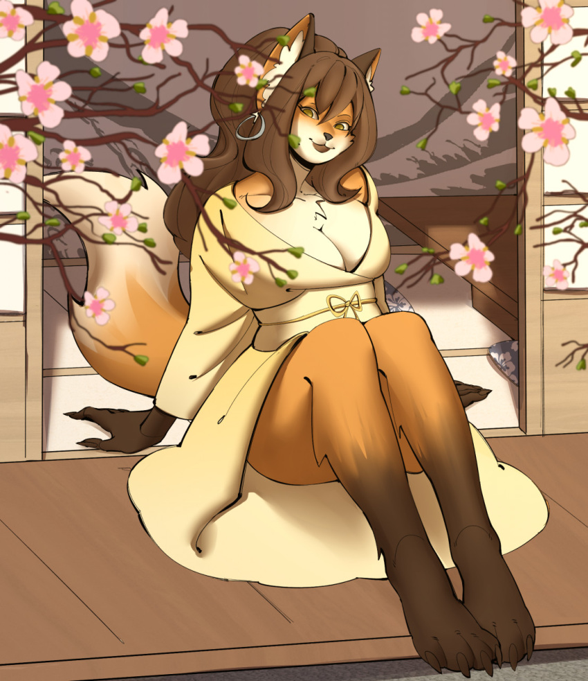 anthro arsfa asian_clothing big_breasts breasts brown_hair canid canine cherry_blossom cherry_blossom_tree cherry_tree chest_tuft cleavage clothed clothing east_asian_clothing exposed_leg feet female fluffy fluffy_tail fox fruit_tree hair hi_res hoop_earrings japanese_clothing kimono long_hair looking_at_viewer mammal mice_tea obi plant sitting_on_floor sliding_door solo sylvia_drake tatami tree tuft yellow_eyes