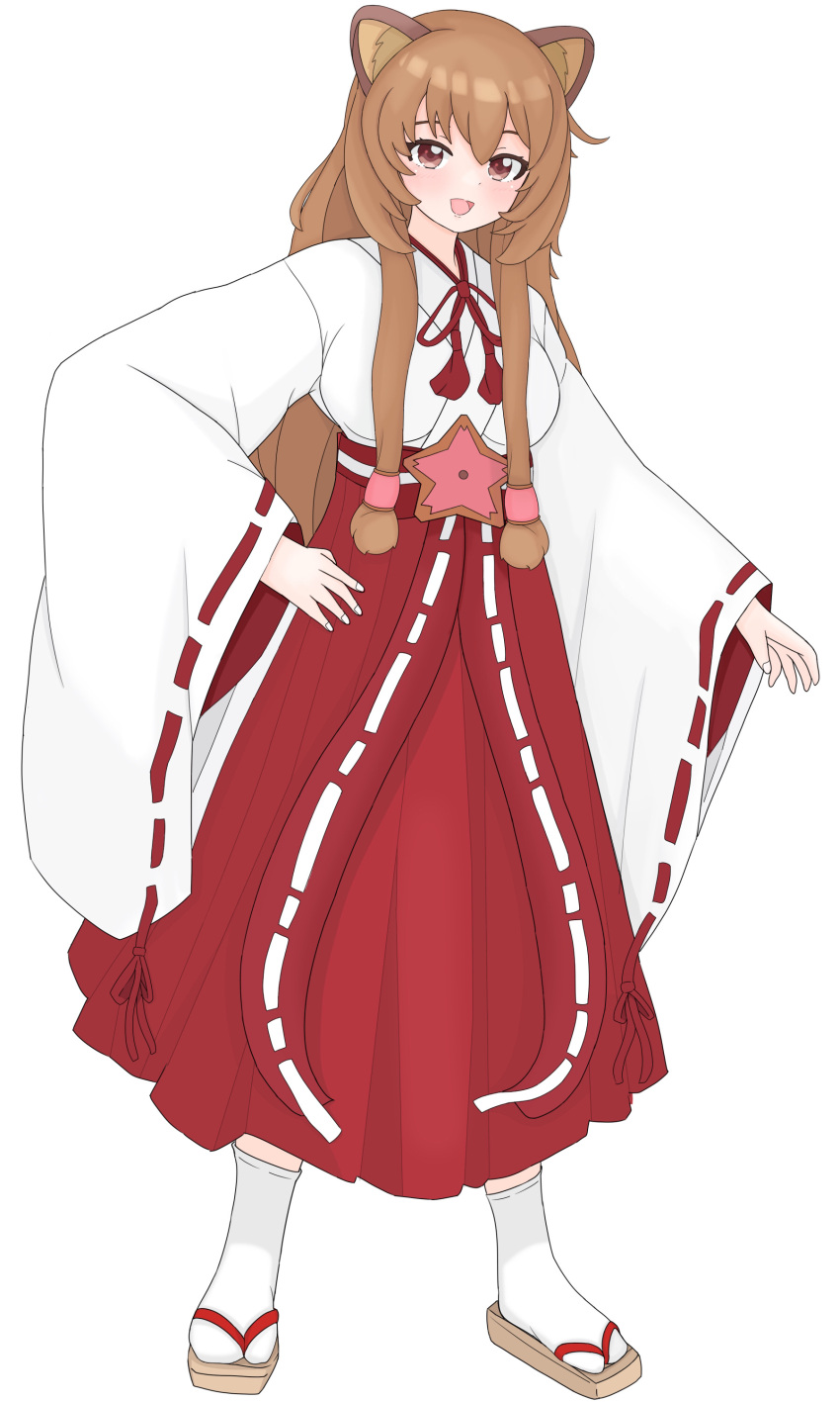 1girl :d absurdres animal_ear_fluff animal_ears ankle_socks blue_eyes breasts breasts_apart brown_hair commentary_request full_body hair_between_eyes hair_tubes hakama hakama_skirt hand_on_own_hip highres japanese_clothes kosode long_hair long_skirt long_sleeves looking_at_viewer medium_breasts miko neck_tassel okobo open_mouth platform_sandals raccoon_ears raccoon_girl raccoon_tail raised_eyebrows raphtalia red_eyes red_hakama red_ribbon red_skirt ribbon ribbon-trimmed_sleeves ribbon_trim sandals simple_background skirt smile socks solo standing straight_hair tail tassel tate_no_yuusha_no_nariagari tongue user_vadu8322 white_background white_kosode white_ribbon white_socks wide_sleeves