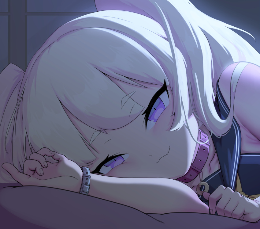 1girl :3 absurdres azur_lane bache_(azur_lane) bangs bed_sheet blurry bracelet collar collarbone commentary_request depth_of_field eyebrows_visible_through_hair eyes_visible_through_hair fenrir_(1121468952) from_side half-closed_eyes highres jewelry light_brown_hair long_hair looking_at_viewer looking_to_the_side lying on_bed on_side pinky_out purple_eyes sailor_collar sidelocks smile solo thick_eyebrows twintails window