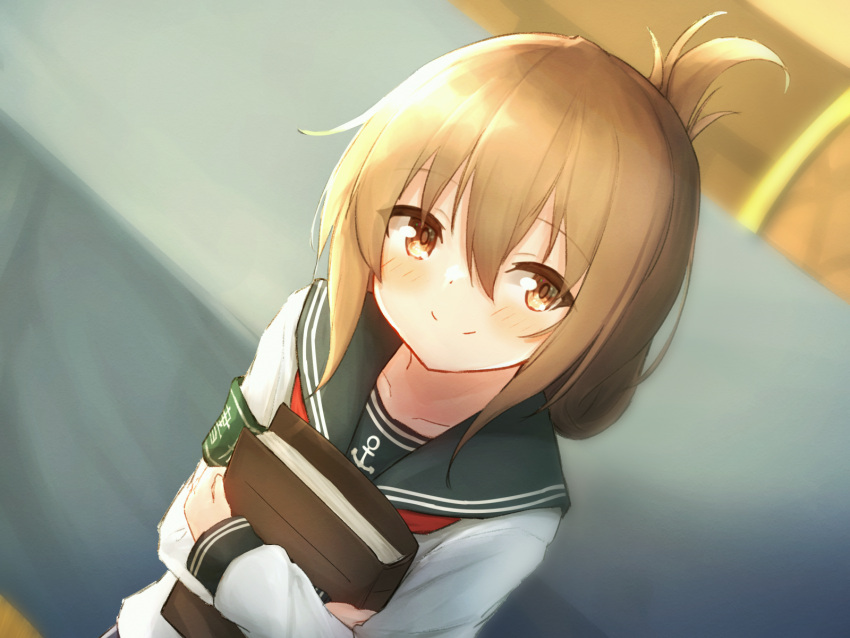 1girl anchor_symbol bangs blush book brown_eyes brown_hair centi_mnkt folded_ponytail hair_between_eyes highres holding holding_book inazuma_(kancolle) kantai_collection long_sleeves looking_at_viewer neckerchief ponytail red_neckwear sailor_collar school_uniform serafuku smile solo upper_body