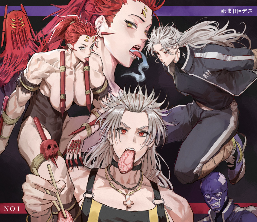 2girls arm_wrap bare_shoulders bracelet breasts chain_necklace chopsticks collarbone convenient_censoring cross cross_necklace dai_dark dorohedoro earrings eating extra_eyes eyes_visible_through_hair food food_in_mouth highres hood inverted_cross jewelry large_breasts leotard long_hair looking_at_viewer looking_down mask meat multiple_girls multiple_piercings necklace noi_(dorohedoro) o-ring open_mouth park_ongjol ponytail pout red_eyes red_hair shimada_death shoes skull sneakers stake teeth toned tongue tongue_out track_suit white_hair yellow_eyes
