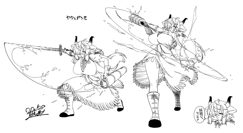 2020 animal_humanoid big_breasts boots bottomwear bovid bovid_humanoid bovine bovine_humanoid breasts clothed clothing female footwear greyscale hair hair_over_eye hi_res holding_object holding_weapon horn huge_breasts humanoid japanese_text kemono_friends long_hair mammal mammal_humanoid monochrome one_eye_obstructed scabbard signature skirt solo text translation_request water weapon yak_(kemono_friends) yak_humanoid yoshida_hideyuki