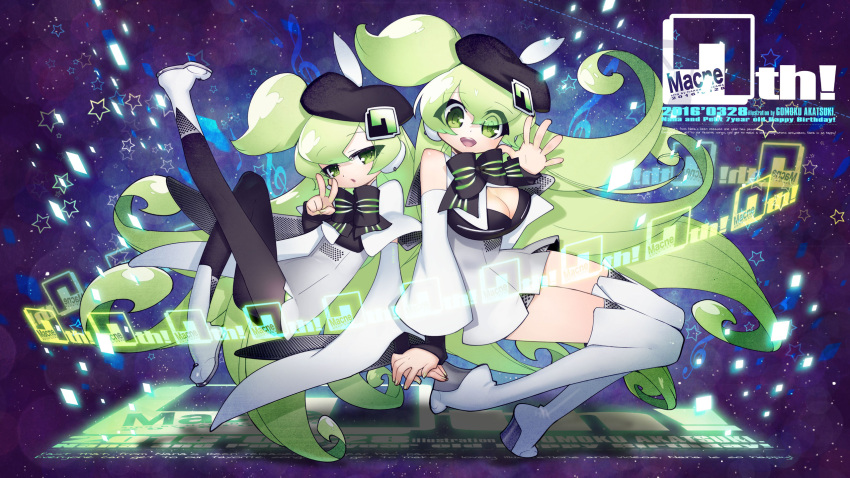 2girls akatsuki_gomoku beret black_legwear bow dated detached_sleeves green_eyes green_hair hat headset high_heels highres invisible_chair macne_nana macne_nana_petit macne_series multiple_girls nail_polish official_art one_side_up pantyhose sitting solo star_(symbol) thighhighs v waving zettai_ryouiki