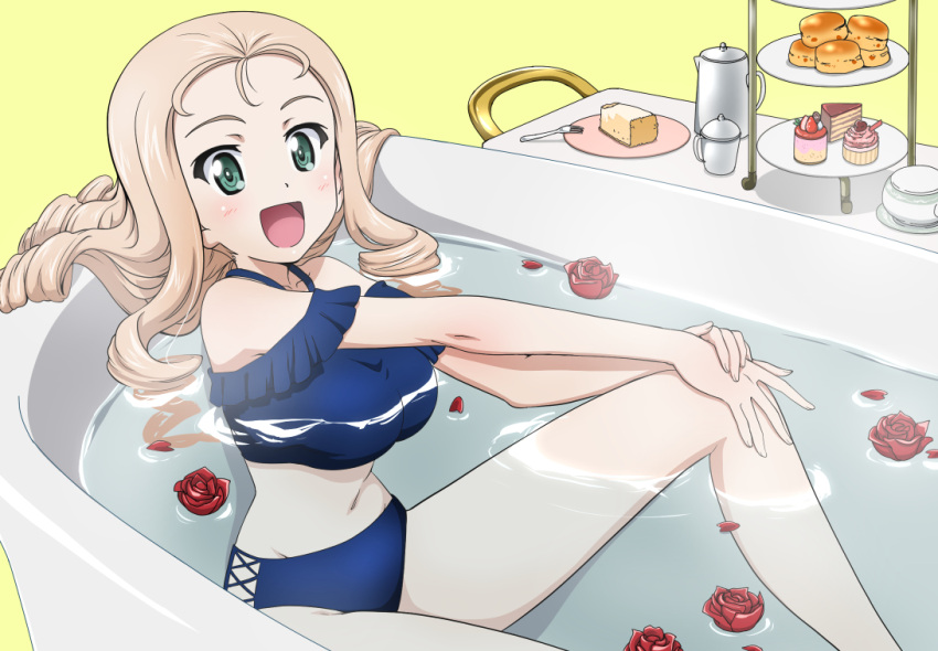 1girl :d bath bathing bathtub bikini blonde_hair blue_bikini cake commentary dessert drill_hair food fork frilled_bikini frills girls_und_panzer green_eyes hands_on_own_knees kanau knee_up long_hair looking_at_viewer macaron marie_(girls_und_panzer) navel off-shoulder_swimsuit off_shoulder open_mouth partially_submerged petals petals_on_liquid plate rose_petals saucer simple_background sitting smile solo swimsuit teapot tiered_tray water yellow_background