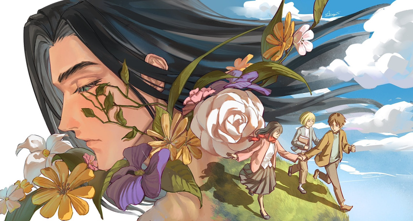 1girl 3boys age_progression aminogoose77 armin_arlert black_hair blonde_hair blue_cardigan brown_hair brown_jacket cardigan cloud cloudy_sky eren_yeager flower full_body green_eyes grey_pants grey_skirt half-closed_eyes hashtag-only_commentary highres holding_hands jacket long_hair mikasa_ackerman multiple_boys pants parted_lips pink_cardigan pink_flower purple_flower red_scarf running scarf shingeki_no_kyojin shirt short_hair skirt sky upper_body white_flower white_shirt yellow_flower