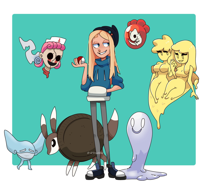 blonde_hair blue_eyes breasts clothing crying_blood eeveelution eyeless facial_piercing fak&eacute;mon featureless_breasts food freckles freekia goo_creature hair hi_res hoodie human mammal mozzamazel nauseon nintendo nose_piercing nose_ring oreon piercing pink_hair pizza pok&eacute;ball pok&eacute;mon pok&eacute;mon_clover premantom semdrop topwear unjoy video_games white_body