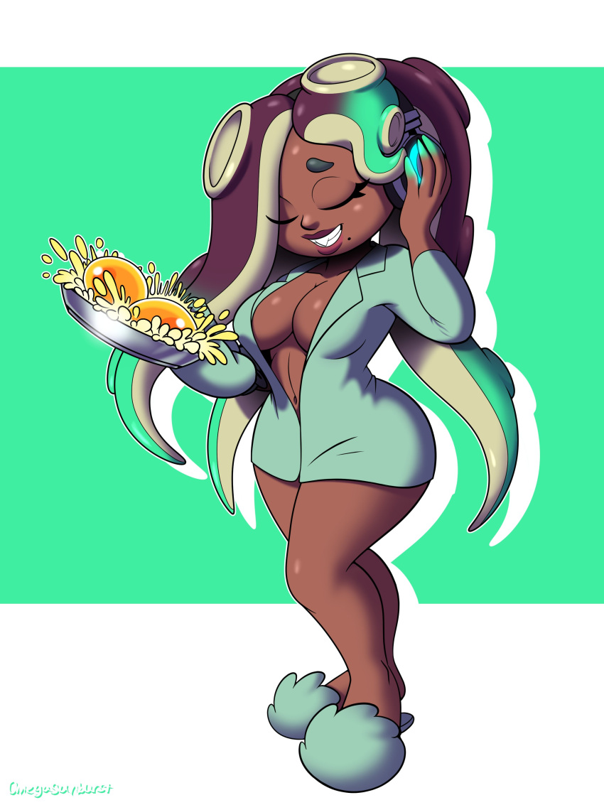 absurd_res breasts cephalopod cleavage clothed clothing dark_body dark_skin green_background hi_res marina_(splatoon) marine mollusk nintendo octarian octoling omegasunburst pseudo_hair simple_background splatoon tentacle_hair tentacles video_games