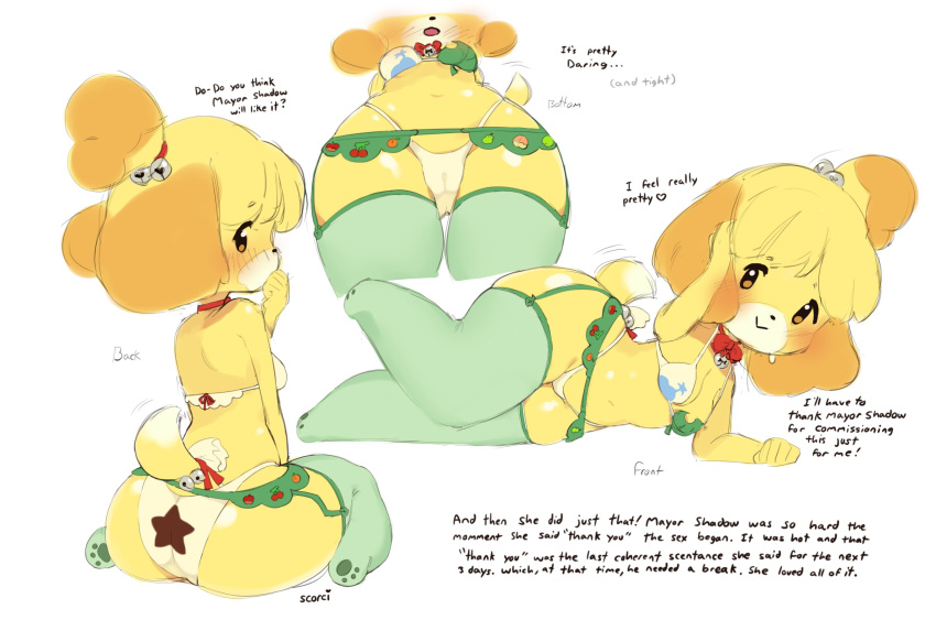 animal_crossing anthro big_butt blonde_hair blush bra breasts butt camel_toe canid canine canis cleavage clothed clothing dialogue domestic_dog garter_belt garter_straps hair hi_res isabelle_(animal_crossing) legwear lingerie lying mammal nintendo on_side panties scorci shih_tzu simple_background thigh_highs toy_dog underwear video_games white_background wide_hips yellow_body