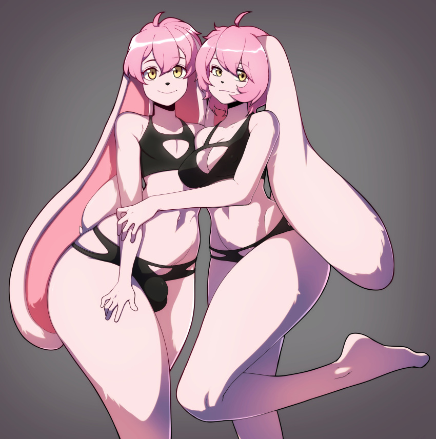 absurd_res atticus_mura bra breasts brother brother_and_sister bulge cleavage clothed clothing crossdressing digital_media_(artwork) duo embrace female front_view fur genital_outline girly gradient_background hair hi_res lagomorph leporid looking_at_viewer mammal navel nonbinary_(lore) panties penis_outline pink_body pink_fur pink_hair rabbit raised_leg shaded sibling simple_background sister skimpy smile suelix thick_thighs twins underwear wide_hips yellow_eyes