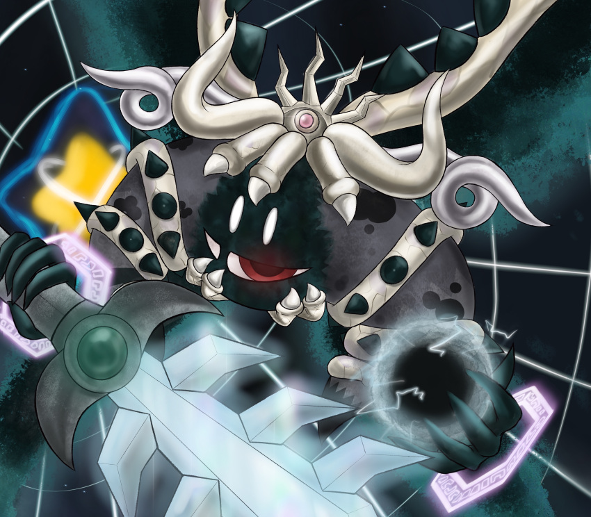 abstract_background absurdres commentary_request demon_horns disembodied_limb energy_ball glowing gomikerasu hexagon highres holding holding_sword holding_weapon horns kirby's_return_to_dream_land kirby_(series) magic_circle magolor magolor_soul master_crown no_humans pop_star portal_(object) red_eyes solo spoilers sword third_eye weapon white_eyes wings