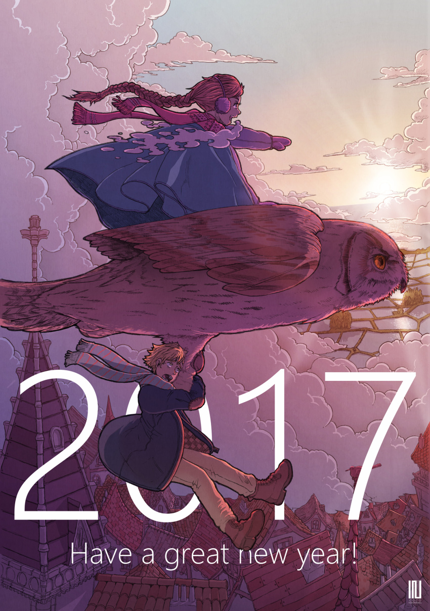 1boy 1girl 2017 animal bird black_jacket blonde_hair braid braided_ponytail brown_footwear brown_hair building cloud earmuffs grey_scarf highres inukoko jacket long_hair new_year open_mouth original outdoors oversized_animal owl pink_scarf profile rice_paddy riding scarf shoes short_hair sky smile twilight