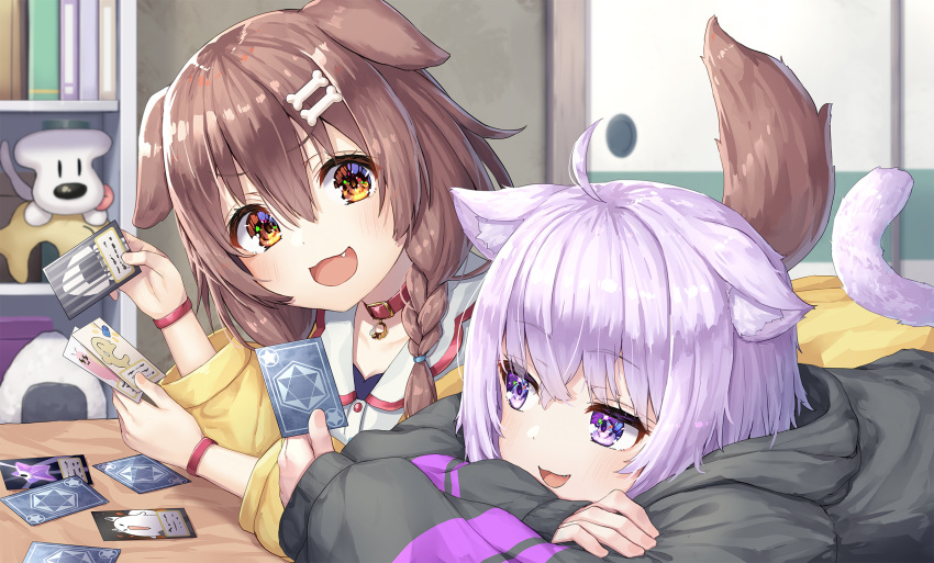 2girls :3 ahoge animal_collar animal_ear_fluff animal_ears bangs black_hoodie blush bone_hair_ornament bracelet braid brown_eyes brown_hair brown_tail card card_game cartoon_bone cat_ears cat_girl cat_tail collar collarbone crossed_bangs dog_ears dog_girl dog_tail eyebrows_visible_through_hair eyelashes fangs food hair_between_eyes hair_ornament hairclip highres hololive hood hoodie indoors inugami_korone jacket jewelry long_hair long_sleeves looking_at_another looking_to_the_side low_twin_braids lying multiple_girls nekomata_okayu on_stomach onigiri open_mouth pensuke playing_card playing_games purple_eyes purple_hair red_collar shiny shiny_hair short_hair side_braids sidelocks sleeves_past_wrists smile tail twin_braids virtual_youtuber yellow_jacket