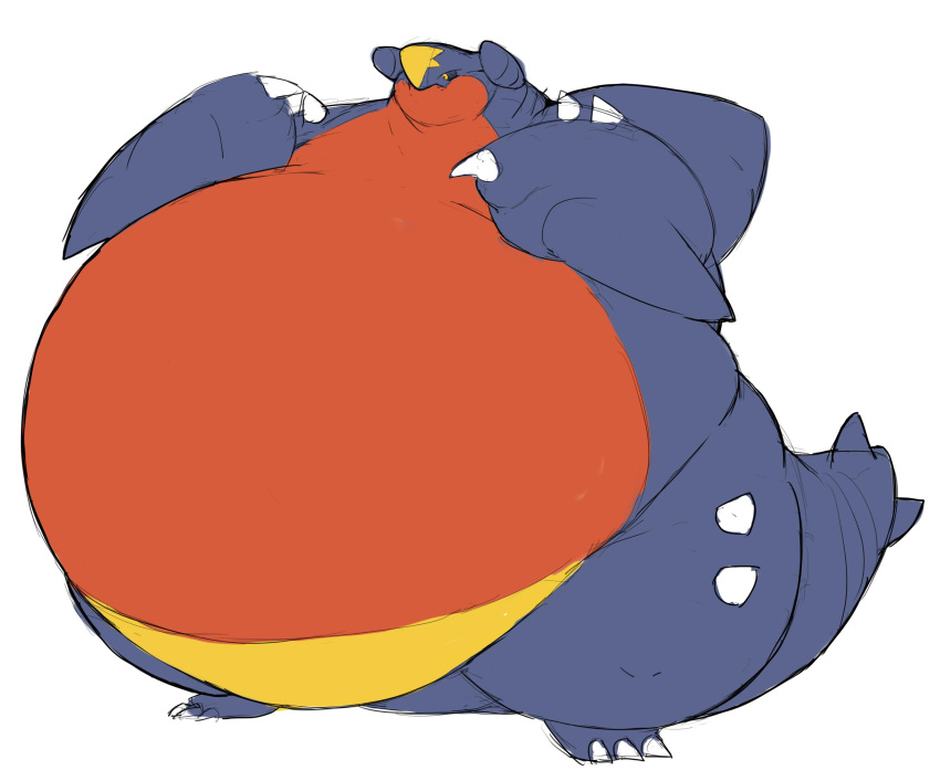 absurd_res anthro black_sclera blue_body blue_skin claws fangs feral garchomp hi_res horn immobile male morbidly_obese morbidly_obese_feral morbidly_obese_male nintendo obese obese_feral obese_male overweight overweight_feral overweight_male pok&eacute;mon pok&eacute;mon_(species) red_body red_skin simple_background solo standing video_games white_background yellow_body yellow_eyes yellow_skin zephy_03