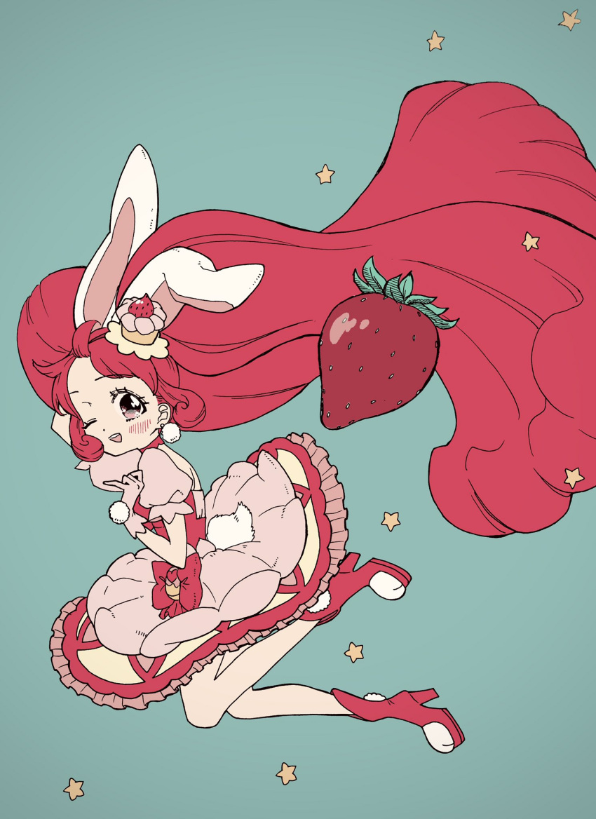 1girl ;d aji_fry animal_ears aqua_background bunny_ears bunny_tail cake_hair_ornament choker cure_whip dress earrings extra_ears floating_hair food food_themed_hair_ornament food_themed_ornament from_side fruit full_body hair_ornament highres jewelry jumping kirakira_precure_a_la_mode legs_up long_hair looking_at_viewer looking_to_the_side magical_girl one_eye_closed open_mouth paw_boots pink_choker pink_dress pink_footwear pom_pom_(clothes) pom_pom_earrings precure round_teeth simple_background smile solo star_(symbol) starry_background strawberry strawberry_shortcake tail teeth twintails upper_teeth usami_ichika very_long_hair whipped_cream