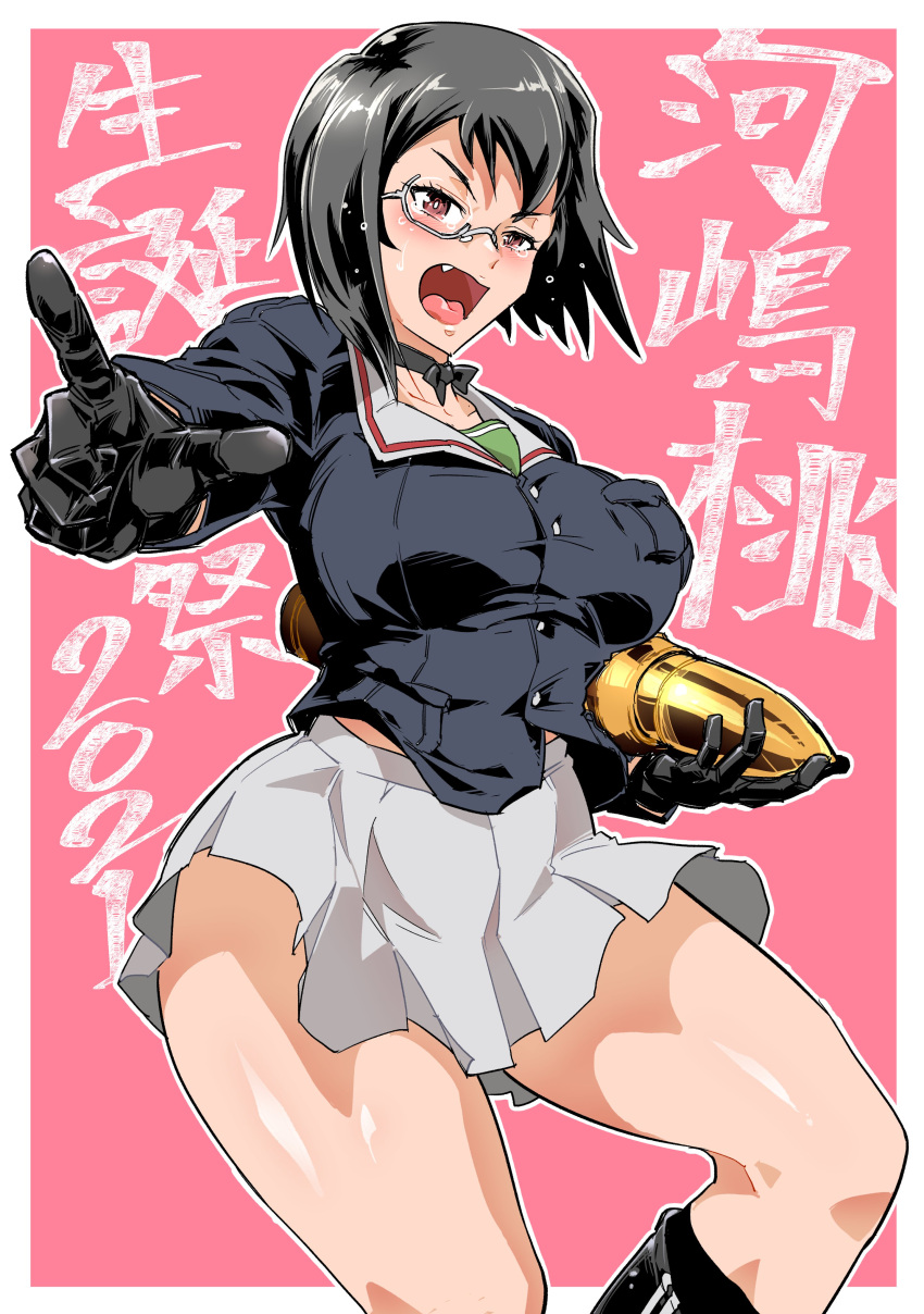 1girl absurdres black_hair blue_jacket blush girls_und_panzer highres jacket kawashima_momo long_sleeves military military_uniform miniskirt monocle ooarai_military_uniform open_mouth pleated_skirt shinkuukan_(tetsuo3) short_hair skirt tank_shell translation_request uniform white_skirt