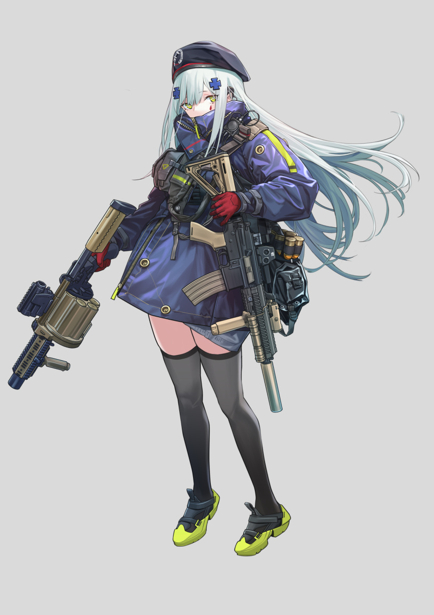 1girl absurdres assault_rifle bag bangs beret black_legwear blue_hair blue_jacket cartridge commentary eyebrows_visible_through_hair girls_frontline gloves green_eyes gun h&amp;k_hk416 hat headphones highres hk416_(girls_frontline) holding holding_weapon jacket long_hair looking_at_viewer red_gloves rifle shoes simple_background solo symbol_commentary thighhighs uniform weapon yitiao_er-hua