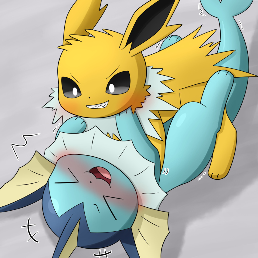 1:1 ambiguous/ambiguous ambiguous_gender ambiguous_on_bottom ambiguous_on_top blue_body blush clenched_teeth duo eeveelution eyes_closed feral fur hi_res jolteon laugh nintendo on_bottom on_top open_mouth playing pok&eacute;mon pok&eacute;mon_(species) rape_face teeth tokumei_tm vaporeon video_games white_body white_fur yellow_body yellow_fur