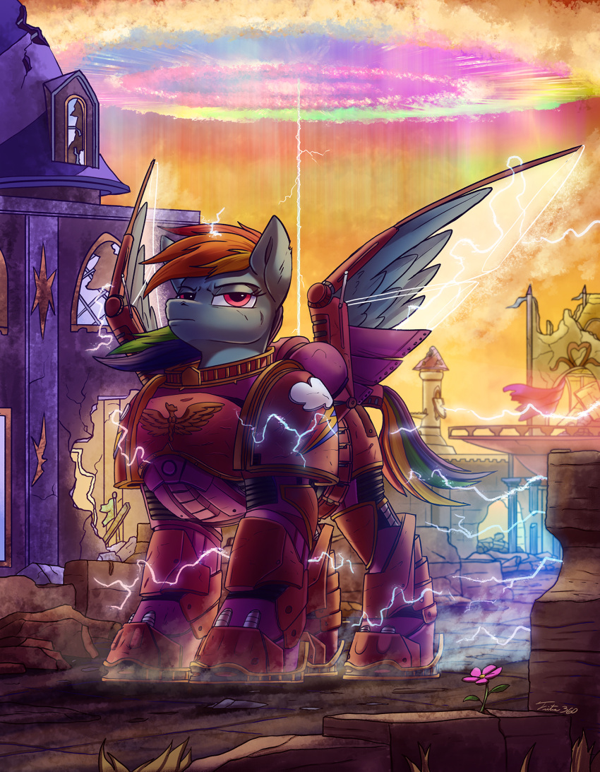 2021 blue_body broken_glass crossover electricity equid equine female friendship_is_magic hasbro hi_res horse lidded_eyes mammal metal my_little_pony purple_eyes rainbow_dash_(mlp) ruins scenery tsitra360 video_games warhammer_(franchise) warhammer_40000