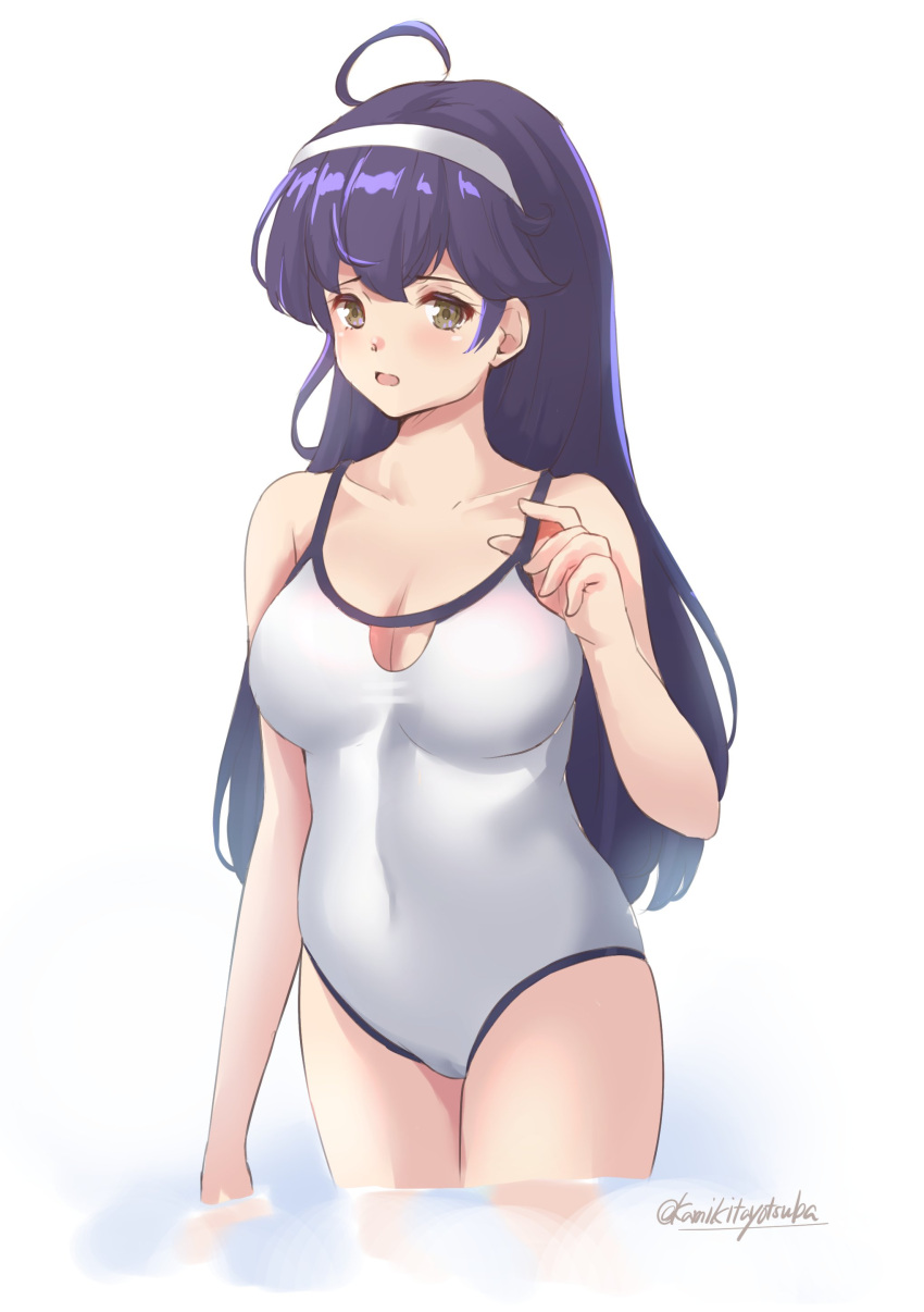 1girl absurdres ahoge artist_name black_hair breasts brown_eyes casual_one-piece_swimsuit cleavage commentary_request cropped_legs hairband highres kamikitayotsuba kantai_collection large_breasts long_hair looking_at_viewer one-piece_swimsuit simple_background soaking_feet solo standing swimsuit ushio_(kancolle) water white_background white_hairband white_swimsuit